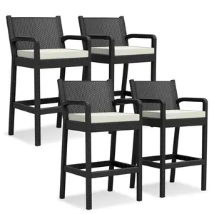 4-Pack Outdoor Bar Stools, 30" Patio Barstools with Cushions, Wicker Design, Perfect for Backyard, Garden, Pool, Balcony, Deck (Beige)