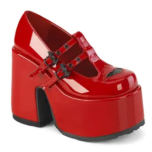 Demonia Camel-55 Red Patent Platforms