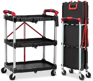 Foldable Utility Carts with Wheels, 3-Tier Holds Folding Rolling Cart with Fixed Rope, Pack-N-Roll Collapsible Service Cart for Home, Office, Garage, and Warehouse - No Assembly Required Organiser Racks
