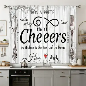 2 pieces, rural retro farmhouse style printed curtains with cutlery heart-shaped patterns for easy hanging, semi transparent privacy curtains, polyester fiber, suitable for bedroom, living room, kitchen, bathroom, study, home decoration