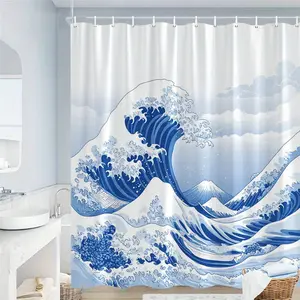 1pc Hokusai The Great Wave off Kanagawa Shower Curtain - Blue and White Swirling Waves Design, Traditional Japanese Style Bathroom Decor with Hooks, 70x70 Inches, Polyester Fabric, Machine Washable, Japanese Home Decor