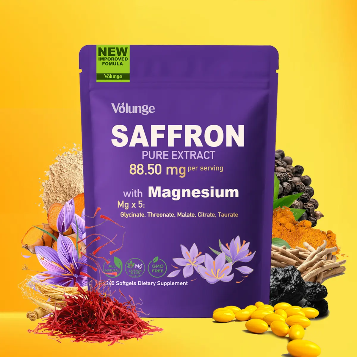 Volunge Premium Saffron Extract 88.5mg with Magnesium Complex – Energy, Focus, Stress & Eye Support – Vegan, Non-GMO – 240 Softgels