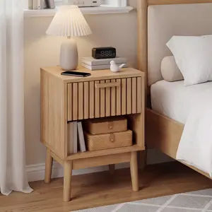 Boho Compact Bedside Table – Oak Color End Table with Drawer & Open Shelf, Modern Wooden Nightstand for Bedroom, Living Room, Small Spaces