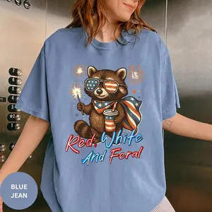 Red White and Feral Raccoon Shirt, Funny Patriotic Animal Tee, Fourth of July Outfit, Cute USA Party Vibes.