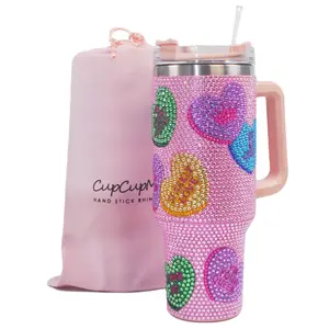 Cupcupmore 40 oz Candy Heart Bling Rhinestone Stainless Steel Sippy Tumbler Glitter Vacuum Insulated Thermal Water Bottle with Straw & Lid &Handle,Sparkle Car Cup Holder,Keeps Cold 12 Hours Drinks,Coffee