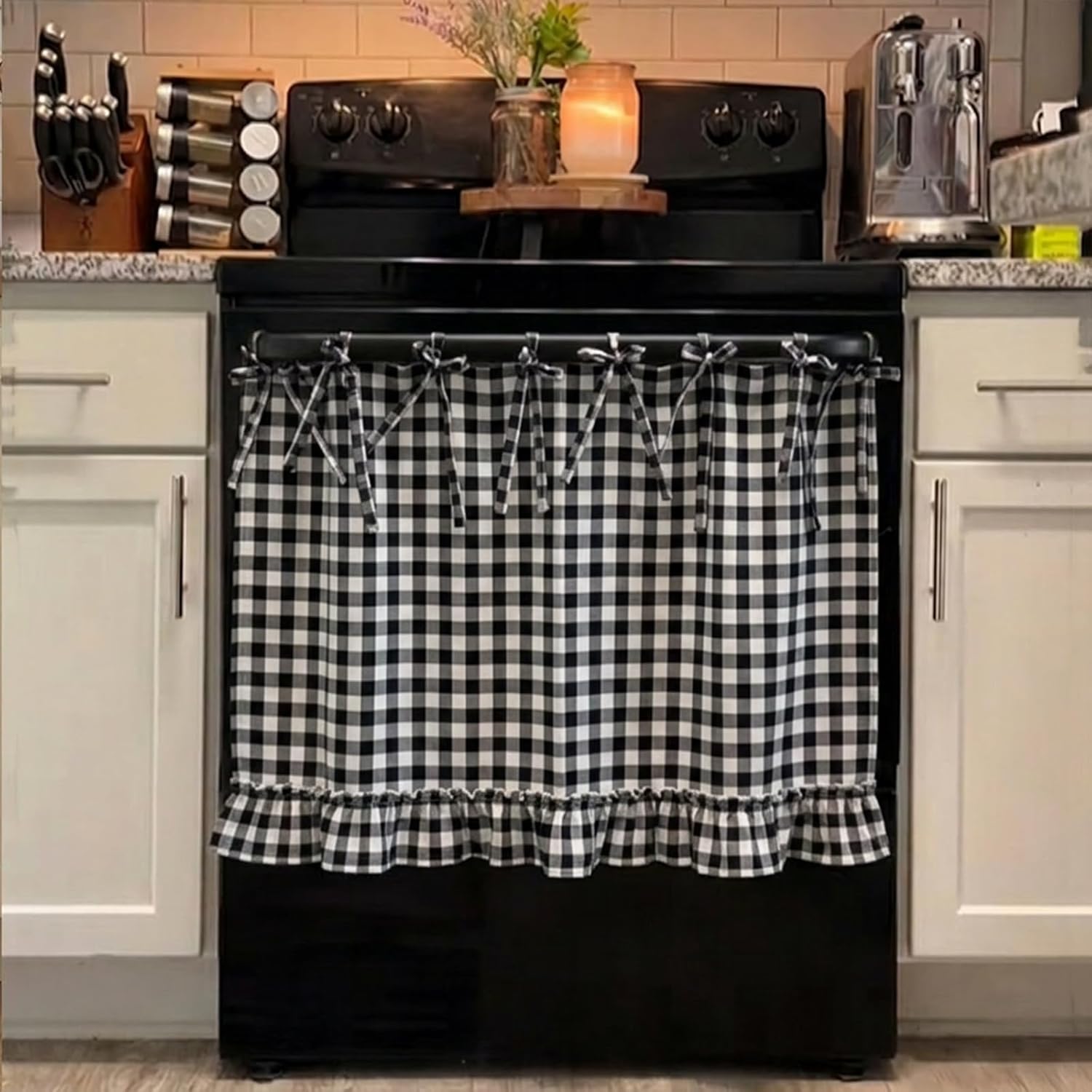 Handmade Oven Skirts Oven Skirt Curtain for Door, Oven Curtain Tie Top Farmhouse Kitchen Décor Heat-Resistant Effortless Install Hide Clutter for Oven,Dishwashers Washing Machine