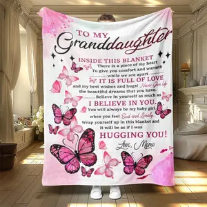 To My Granddaughter Butterfly Flannel Blanket, Pink Love Sentimental Soft Throw, Cozy Warm Gift for Her Granddaughter Girl, Inspirational Home Decor for Couch Sofa Bed, AC Room Summer Blanket, Birthday Graduation Christmas Gift, Hug From Grandma
