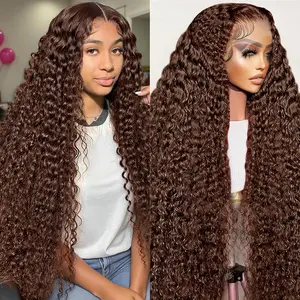 Bling Hair Chocolate Brown Deep Wave  Frontal Wigs 13X6 13x4 HD Human Hair Lace Frontal Wig 30 32 Inch Deep Wave #4 #33 Colored Wig Remy 180 Density For Women