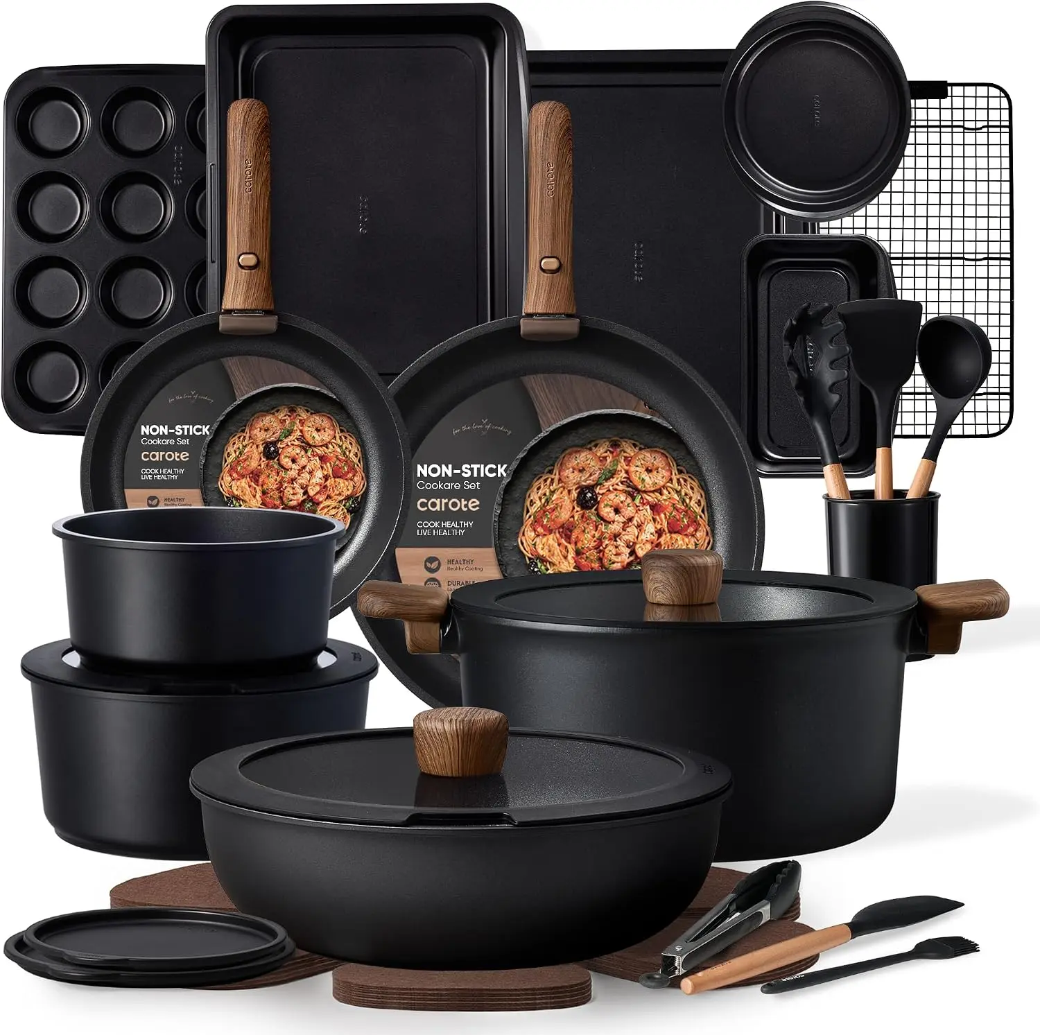 31pcs Pretend Play Non-Stick Cookware Set - Detachable Handle, Bake Pans, Frying Pans, Induction Compatible, Dishwasher & Oven Safe, Space-Saving, Camping Use, Black Kitchen Nonstick