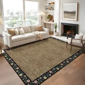 Garvee 9x12 Modern Style Faux Linen Floral Border Thin Indoor Rug, Low Pile Area Mat with Soft Surface, Easy to Clean and Stain Resistant for Living Room, Bedroom, Hallway, Study, Office - Brown