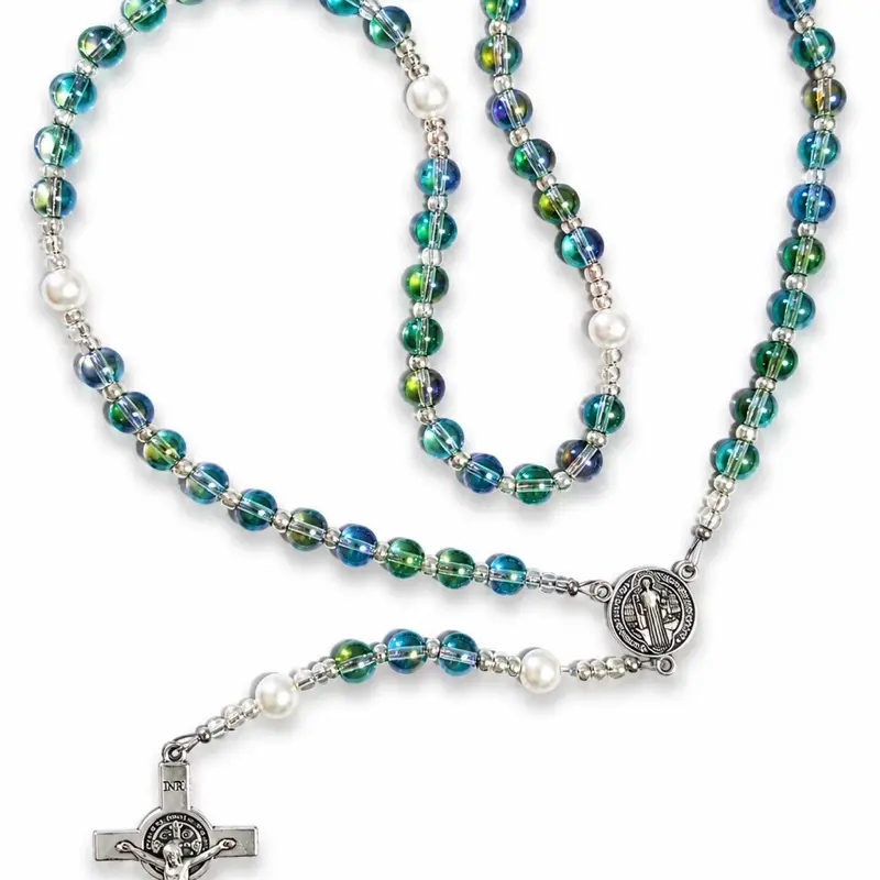 Handmade Catholic Rosary. 8mm Glass Crystal Beads. Silver plated Crucifix and St Benedict Medal.