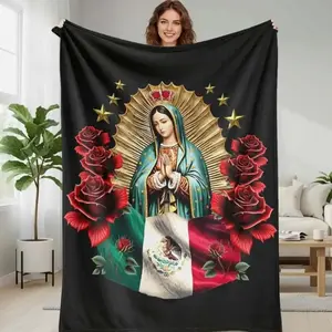 Virgin of Guadalupe flannel blanket with Mexican flag and red rose print  soft warm lightweight cozy decorative throw  perfect for home decor  religious celebrations  festive gatherings  and meaningful gifts Suitable as a gift sizes 60*80,30*40 ,40*50