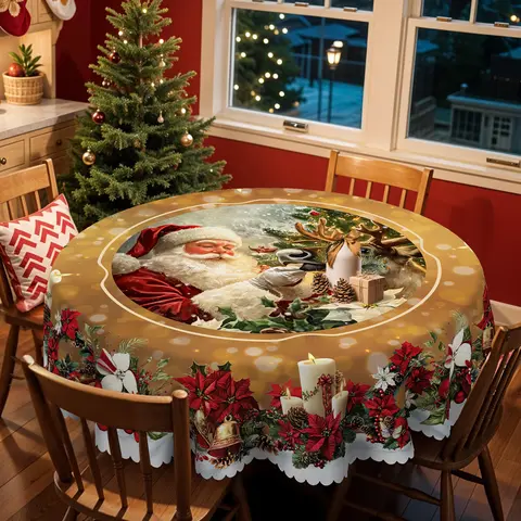 XEXSIN 1pc Polyester Vintage Christmas Tablecloth - Classic, Colorful Santa Print, Reindeer Motif, Multi-Size Rectangular/Round, Vintage Christmas Decor for Birthday, Ceremony, Family Gathering, Indoor/Outdoor Kitchen Accessory, Gift Option