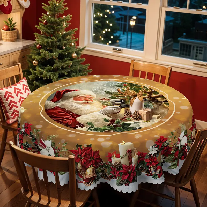 XEXSIN 1pc Polyester Vintage Christmas Tablecloth - Classic, Colorful Santa Print, Reindeer Motif, Multi-Size Rectangular/Round, Vintage Christmas Decor for Birthday, Ceremony, Family Gathering, Indoor/Outdoor Kitchen Accessory, Gift Option