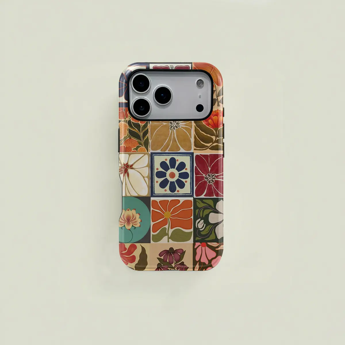 Orange-red Bohemian retro floral patchwork pattern protective case, sturdy and durable 2-in-1 case, compatible with iPhone 17/16/15/14/13/12/11 Pro Max/Plus/Pro, Samsung Galaxy S25/S24/S23 Ultra series, simple and stylish phone case.