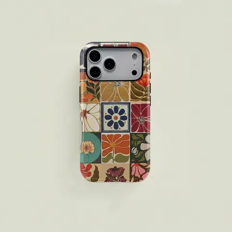Orange red Bohemian retro floral patchwork pattern protective case, sturdy and durable 2 in 1 case, compatible with iPhone 18/17/16/15/14/13/12/11 Pro Max/Plus/Pro, Samsung Galaxy S25/S24/S23 Ultra series, simple and stylish phone case.