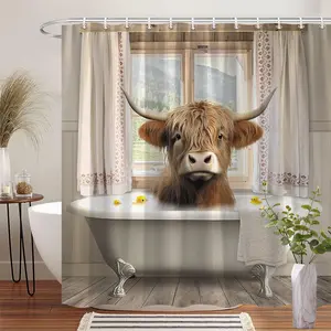 1Pc Funny Highland Cow Shower Curtain Polyester Fabric Bath Decor Tub Partition Hanging Curtain 70.8x70.8 Inch with 12 Hooks, Cute Animal Farm Theme Design for Unique Bathroom Decor, Bathroom Decoration Accessories
