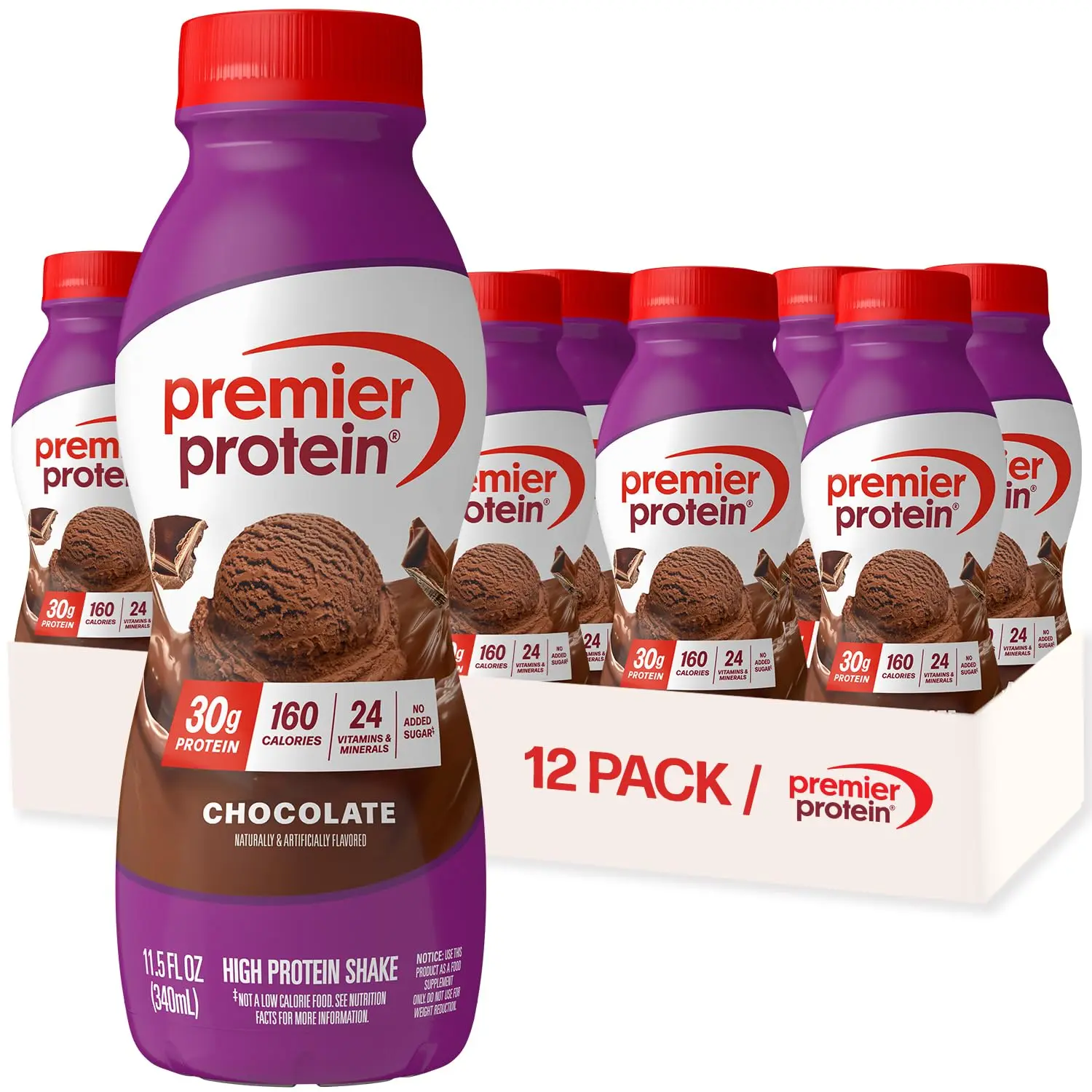 Premier Protein Shake, Chocolate, 30g Protein, No Added Sugar, 24 Vitamins & Minerals to Support Immune Health, Gluten-Free,11.5 fl oz (12 Pack) Chocolate