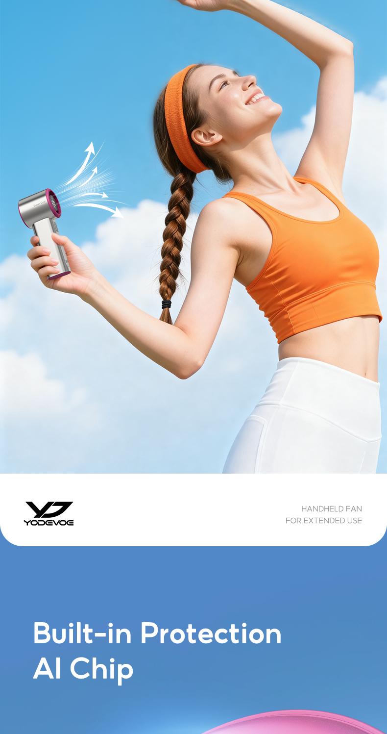 YodevoeThis portable handheld turbine fan features 100 speed settings, a built-in 4000mAh battery, and a runtime of up to 18 hours. This 3-in-1 rechargeable handheld fan utilizes turbine cooling technology and is suitable for outdoor activities.