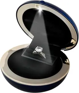 Novel Box Navy Blue Ring Box with LED Light for Jewelry Gift 3x3x1.12 Inches - Slim Rings Boxes for Proposal & Engagement - Round Ring Box for Luxury Wedding & Anniversary - Ring Not Included