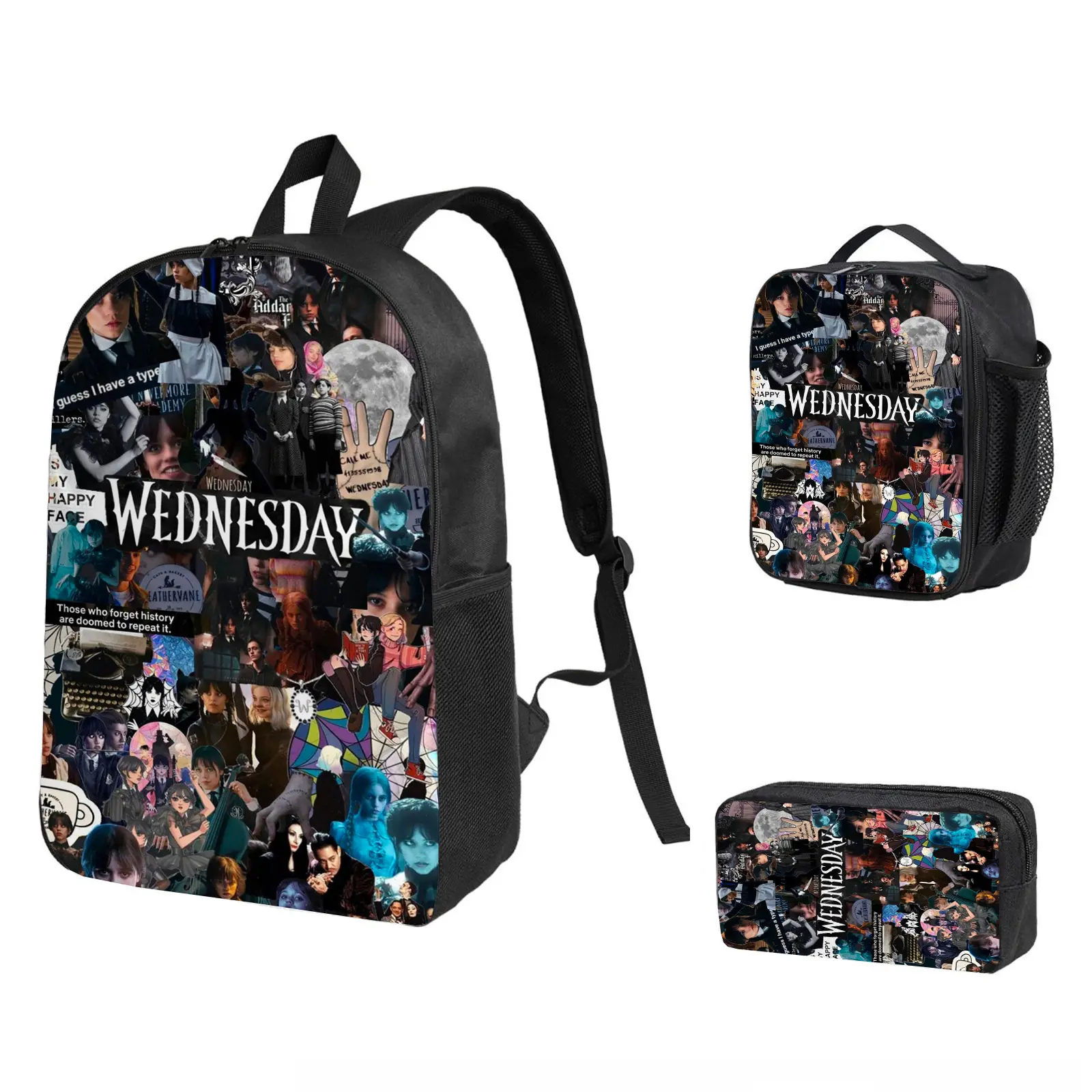 Wednesday 3-in-1 Compact Utility Backpack 3-Piece Combo - Back to School Haul 1 Size Holiday Gift with Insulated Lunch Bag, Pencil Case for Kids Teens, Cool Laptop Travel Daypack for Fans b-247, One Size