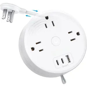 Travel Power Strip - Retractable Extension Cord 5ft Ultra Thin Flat Plug, Retractable Power Strip with 3 AC Outlets 3 USB Ports (2 USB C), Cruise Ship Essentials, for  Hotel Dorm Room, White