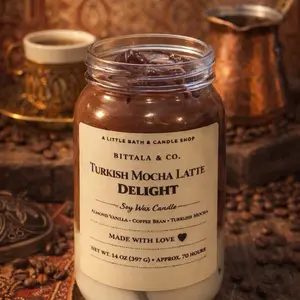 Bittala & Co. Turkish Mocha Latte Delight Soy Wax Candle - Cozy Decor & Relaxing Ambiance - 14 oz Jar - Perfect for Gifting - Ornaments