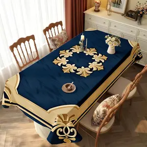 1 Piece Polyester Tablecloth, Multiple Specifications Available, Multi - Color, Washable, Thickened, Waterproof & Oil - Proof, Aesthetic Elegant Blue with Golden Patterns, Suitable for Home & Outdoor Use, Classic Cozy Dining Room Style