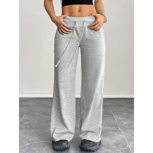 Comfortable And Casual Plain Knitted Low-Rise Wide-Leg Women's Sweatpants