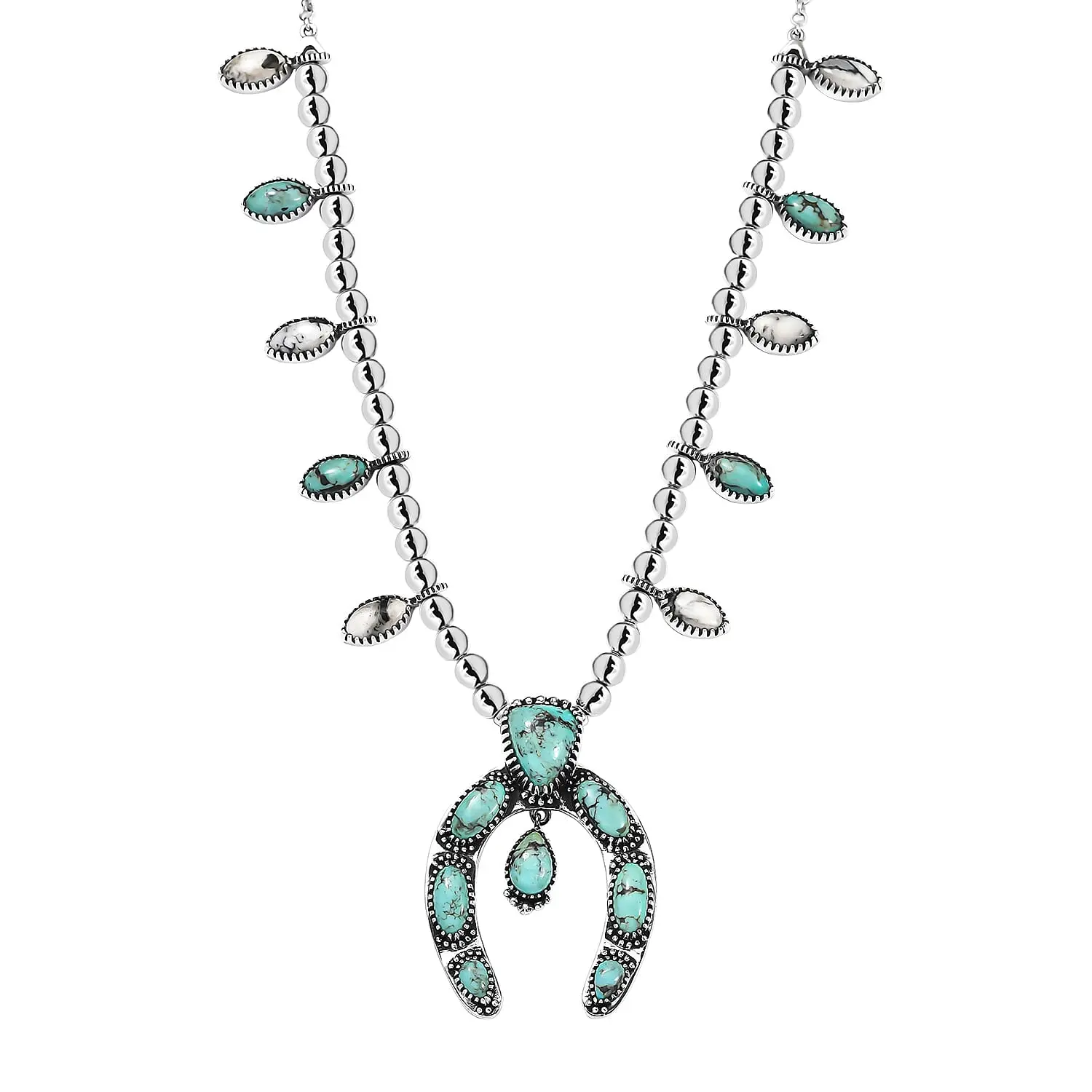 D'Joy Artisan Crafted Premium Blue Moon Turquoise and White Buffalo 21.40 ctw Squash Blossom Necklace in Sterling Silver 18-20 Inches