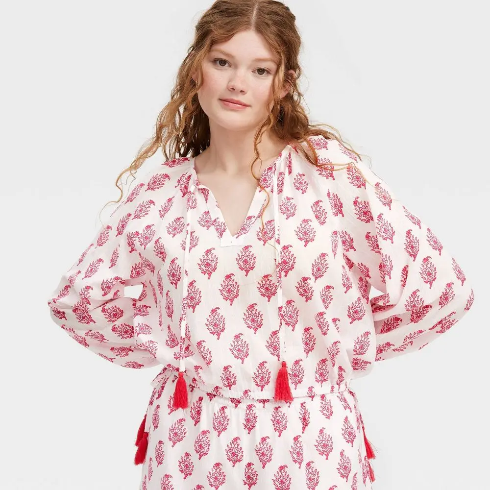 Women's Bouquet Long Sleeve Tie-Neck Boho Top - Roller Rabbit