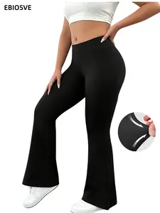 1-Pack Black Plus Size High-Waisted Flare Pants, Tummy Control Stretch Wide-Leg Bell-Bottoms with Pockets, Stretch Pockets Casual Formal All-Season Wear, Wide-Leg Flare,  High-Waisted Tummy Contro