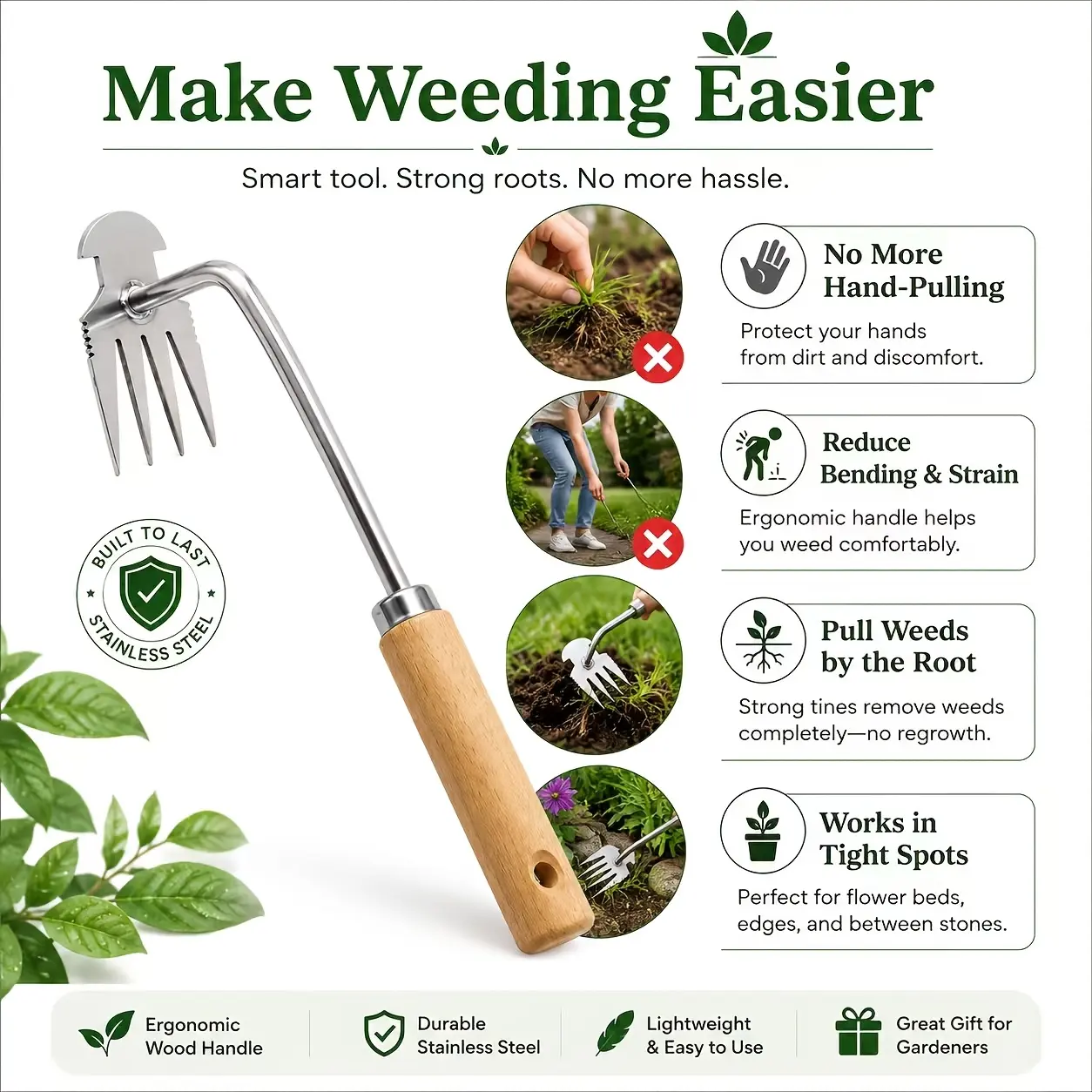 15-Inch Stainless Steel Manual Weeding Tool with Ergonomic Long Handle & Hook Tines - for Gardeners, Outdoor Weeding & Soil Loosening, 1-Piece Ideal Gift for Farms & Greenhouses