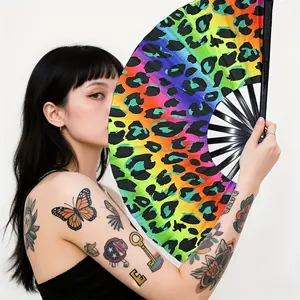 13-inch glow fluorescent rainbow leopard print folding fan | Large animal print festive fan suitable for Carnival, concerts, Pride Day, and themed parties — eye-catching room decor, cosplay, weddings, gifts, party accessories; durable and easy to carry