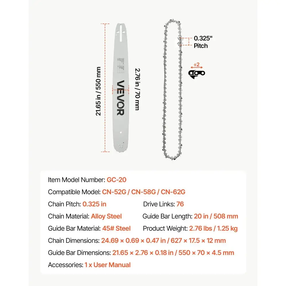 Saw Chain & Guide Bar-20inch-1Pack