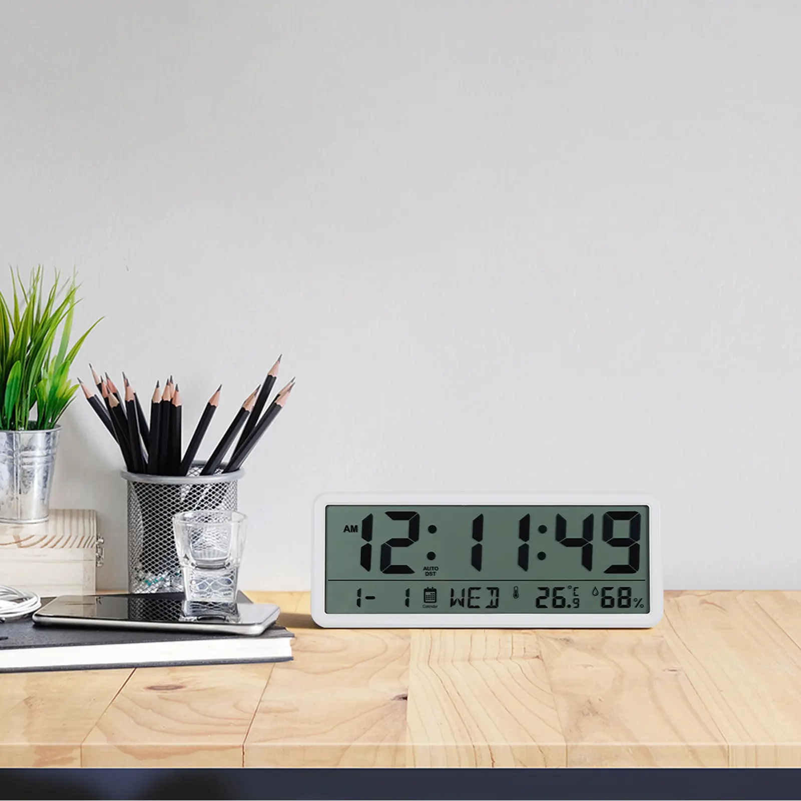 8.2" Plastic Digital Wall Clock Battery Operated with Large Display Day Date Temperature Humidity Monitor Alarm Auto DST for Living Room Bedroom Office Seniors Heavy Sleepers