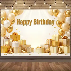 2D Flat Polyester Golden Balloon & Gift Birthday Backdrop, Photo Booth Home Wall Decor, Party Banner