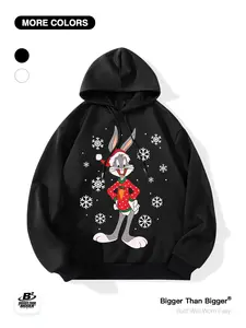 Classic Cartoon Looney Tunes Bugs Bunny Christmas Print Loose Hoodie, Casual Breathable Outdoor Sports, Unisex Trendy Fashion Sweatshirt