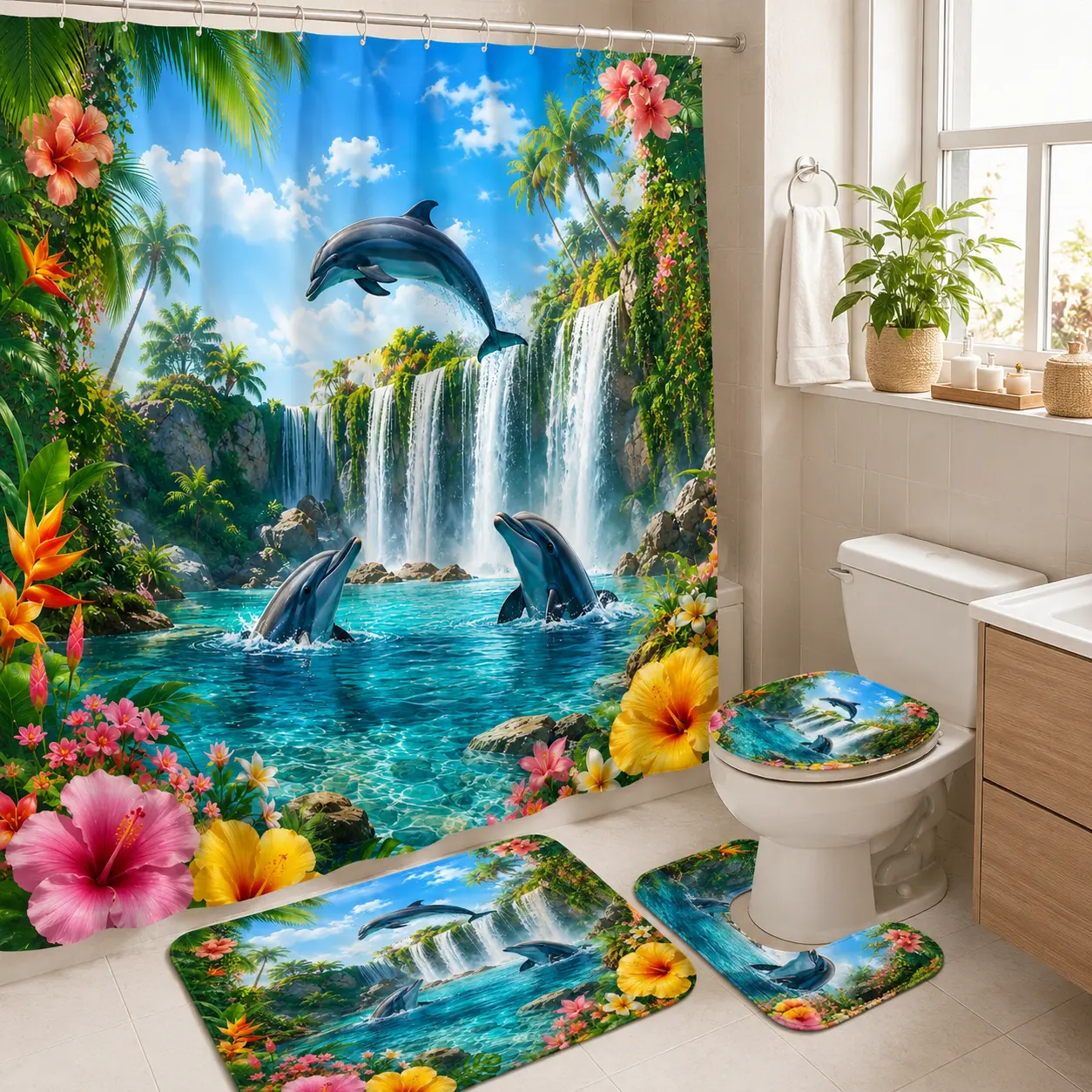 1/4pcsCreative Shower Curtain Sets Bathroom, Restroom Decor Set with Dolphin and Waterfall Pattern. Includes shower curtain, toilet seat cover, rectangular bathroom mat, and U-shaped mat. Perfect for bathroom decorating