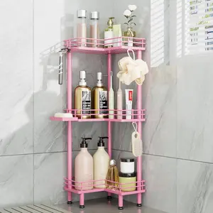 Corner Shower Standing - 3-Tier Stainless Shower Organizer with Soap Holder and 4, Large Capacity Corner Shelf Stand for, Rest Room, Pink