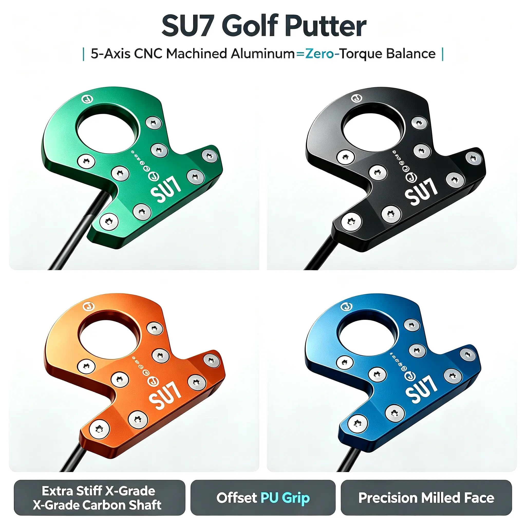 SU7 Mallet Golf Putter - 5-Axis CNC Machined Aluminum Head, Extra Stiff X-Flex Shaft, Offset PU Grip, Dynamic Self-Balanced Design, 0-Torque Feature for Improved Putting Shots Performance