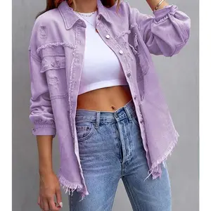 Women’s Spring Fashion Denim Jacket — Solid Color, Loose Fit, Trendy Ripped Design, Long Sleeves, Versatile Casual Style
