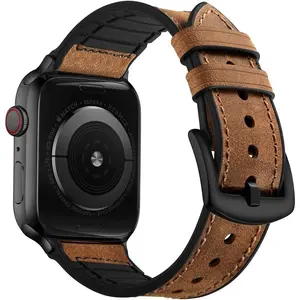 WBA-087-XLL Compatible with Apple Watch Band 49mm/46mm/45mm/44mm/42mm, Sweatproof Genuine Leather and Rubber Hybrid Band for iWatch Ultra 2/1 Series 10 9 8 7 6 5 4 3 2 1 SE, Brown/Black