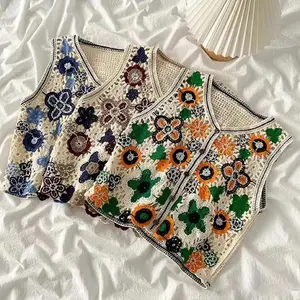 Women Hollow Crochet Knit Vest Waistcoat Beaded Embroidery Colorful Floral Sleeveless Cardigan for Jacket Button Crop To Casual Cotton Green Short