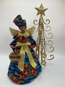 African Angel Tree Topper - Handcrafted 14 1/2 Inch Angel with Ankara Metallic Blue and Gold for Christmas, Kwanzaa and More