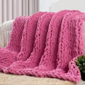 Chunky Knit Throw 50" X 60", 100% Hand Made Large Chenille Loop Yarn Fluffy Throws for Couch Sofa, Big Crochet Heavy Thick Cable Woven Blankets, Hot Pink