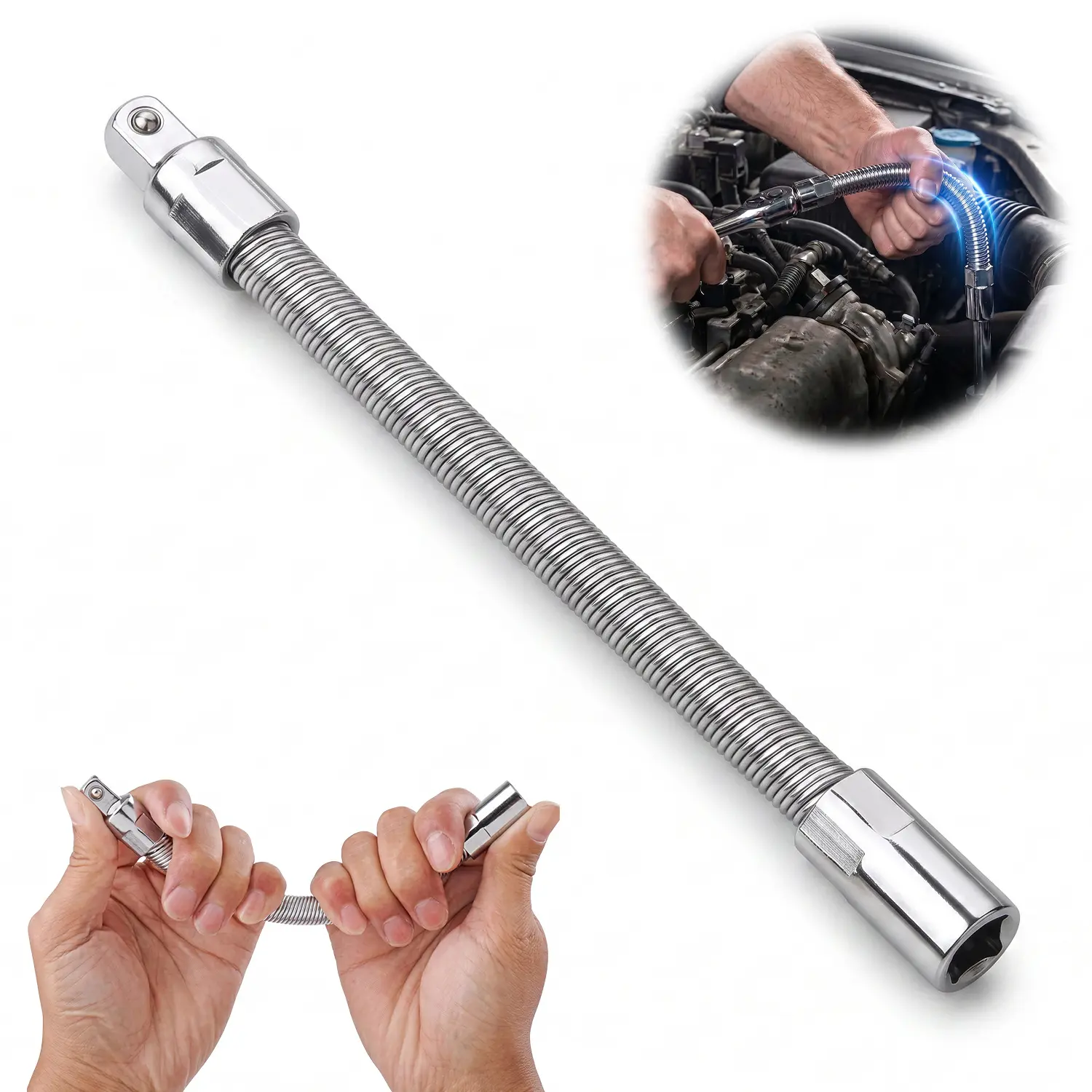 LZDJTQ 1/2 Inch 25cm Flexible Socket Extension Bar, CR-V Steel Flexible Drive Extension Rod for Manual, Electric & Pneumatic Wrenches, 250mm/360mm Bendable Socket Extender Tool