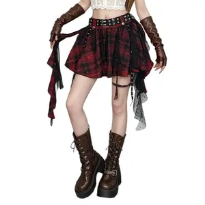 Grunge A Line Mini SkFabric, Womenswear, Bottom, Casual, Dressy, Lightweight, Outfit, Plane, Print, Softirt for Women - Red High Waist, Flared, Flowy Ruffle Plaid, Goth Punk for Going Out and Travel