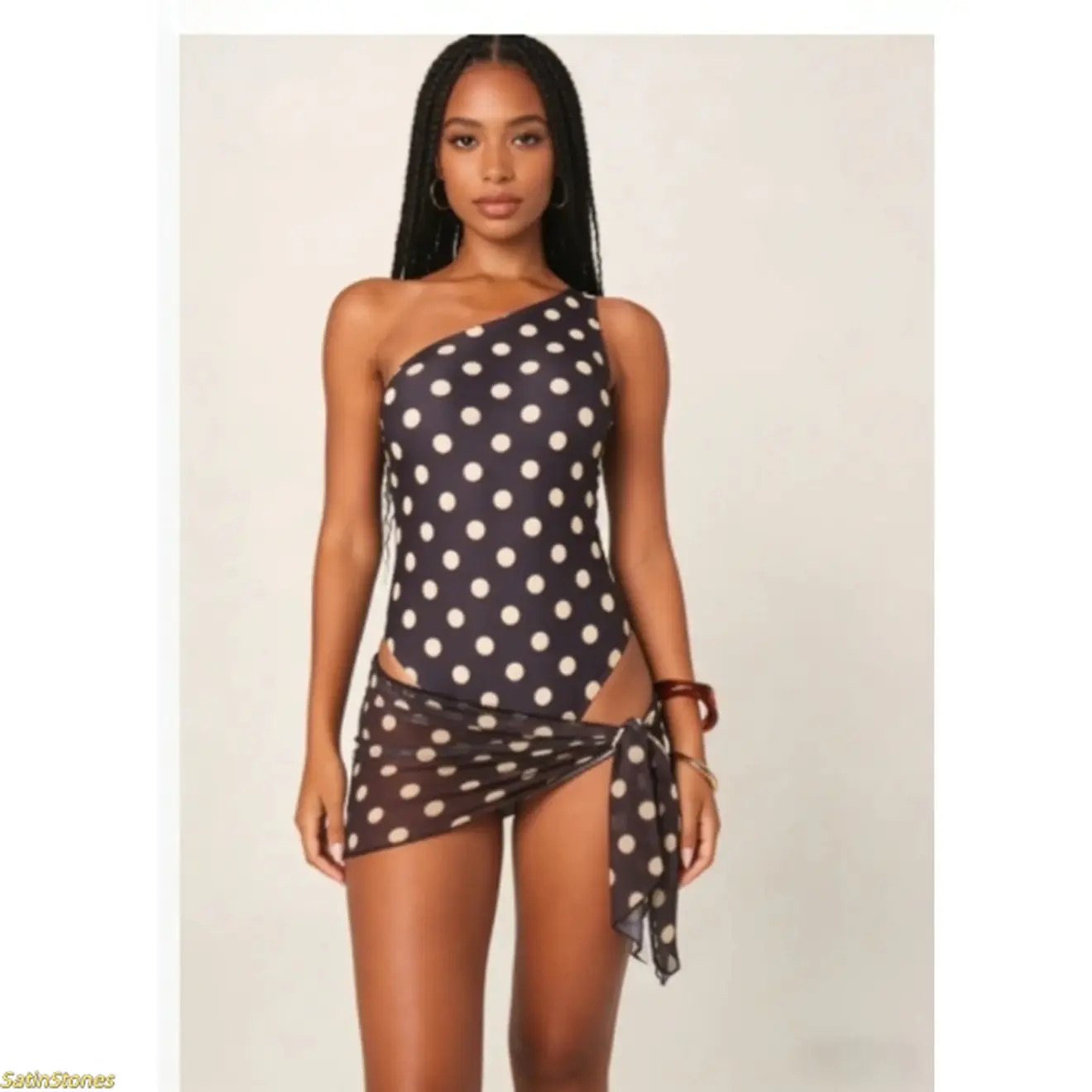 Women's Navy Polka Dot One Shoulder Swimsuit | Sheer Mesh Sarong 2 Piece Bathing Suit | Asymmetric Slim Fit Swimwear for Beach Trip Poolside Relaxation