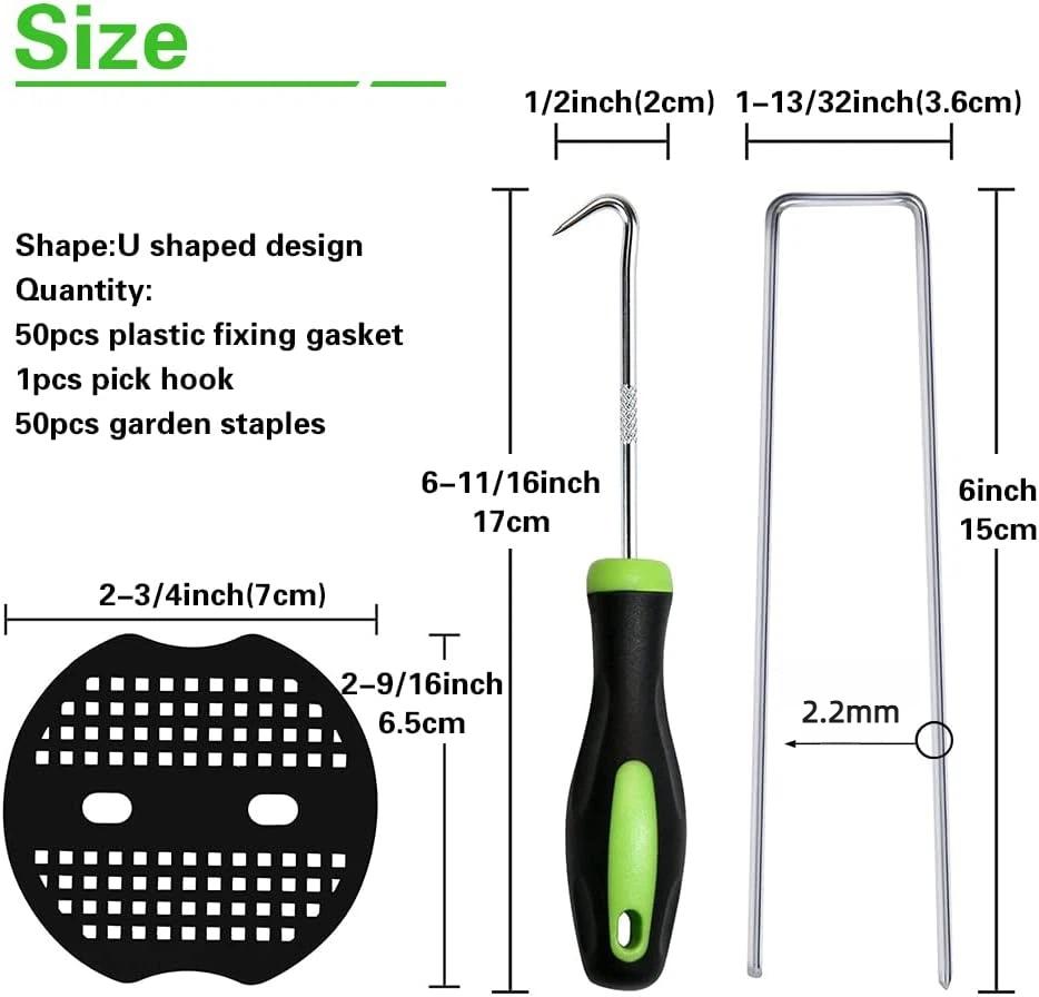 50-Pack 6 Inch Garden Staples with 50pcs Fixing Gaskets and 1pc Pick Hook U-Shaped Landscaping Stakes Heavy Duty Weed Barrier Fabric Pins Sod Pegs Lawn Anchors